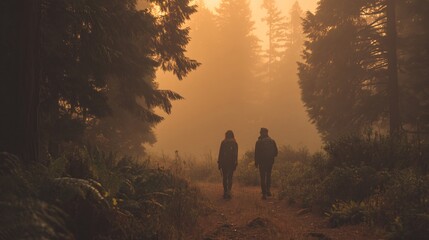 Couple Hiking Misty Forest Path at Sunset Peaceful Autumn Adventure