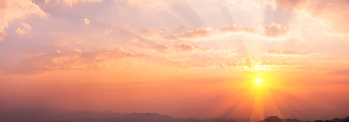 Banner Golden sky sunrise dramatic beautiful landscape view. Dawn sky gold dusk time cloudscape...