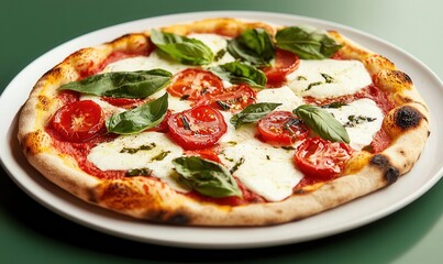 Delicious margherita pizza with fresh toppings served on a white plate, showcasing classic Italian culinary artistry