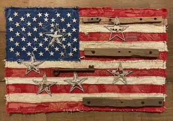 Vintage american flag with rustic wood and metal stars decoration art