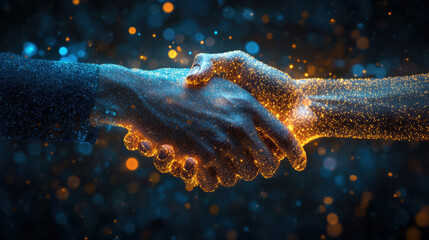 Glowing Particle Handshake Digital Partnership and Abstract Collaboration