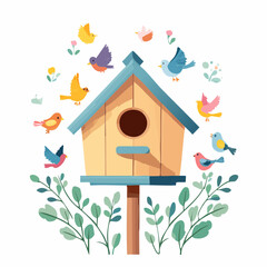 Charming birdhouse and colorful birds create a whimsical springtime scene, perfect for branding or greeting cards.