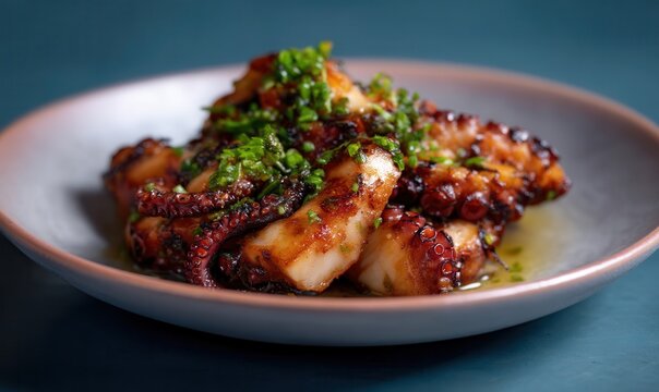 Tender tarantella octopus features charred tentacles served on soft coral plate set against a cool aqua background