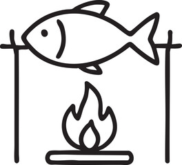 Simple Line Art Illustration of Fish Cooking Over a Campfire for Outdoor Adventures and Culinary Themes