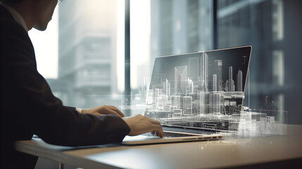 BIM (building information modeling) technology concept. Businessman using computer laptop with BIM icons on virtual screen.