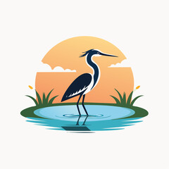 Obraz premium A serene heron graphic gracefully stands in shallow water as the sun sets, a peaceful nature scene ideal for logos and design projects.