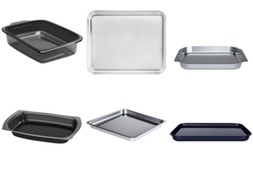 Set of baking dishes in minimalist style, glass and metal, rectangular and square shapes, black, silver, and dark blue colors, ideal for casseroles, roasting, and oven-to-table serving, isolated