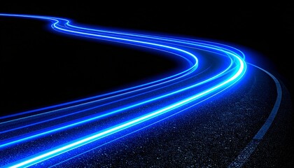 Blue Light trail with curved motion and glowing line over dark road.