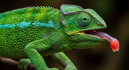 Obraz premium Vibrant Green Chameleon Catching Prey with Long Tongue