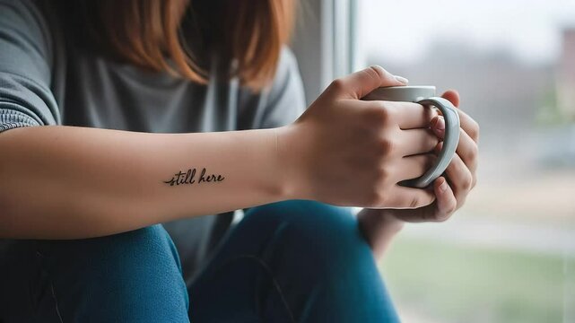 Close-up of woman holding coffee mug by window, with tattoo "still here" on forearm, calm indoor scene. Concept: mental health, recovery, mindfulness, lifestyle blog.