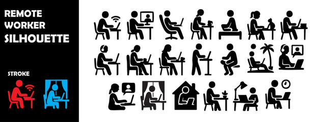 Remote Worker Silhouette Vector Set – Home Office and Digital Nomad Work from Anywhere Icons