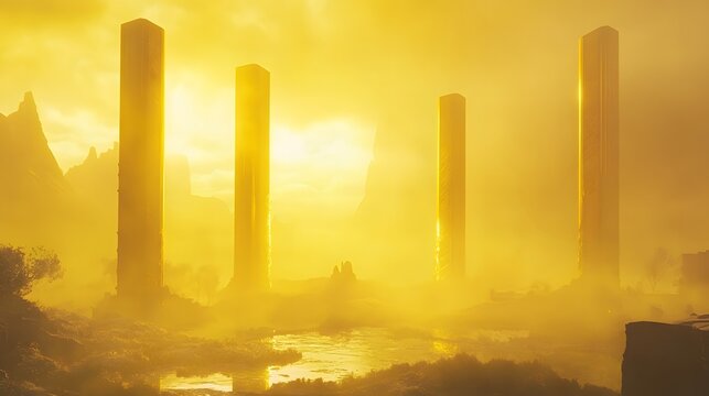 Golden Sunset Landscape with Mysterious Towers Futuristic Scenery - Powered by Adobe