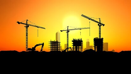 Tower cranes stand silhouetted against a vibrant sunset, constructing buildings in a growing cityscape during golden hour.