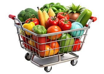 A full shopping cart overflowing with a vibrant assortment of fresh healthy vegetables and fruits including tomatoes broccoli corn bell peppers cucumbers and green beans ready for purchase