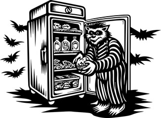 SVG capturing a slow lifestyle with Halloween horror vibes. Raccoon in Stripes Holding Food from Open Refrigerator at Night