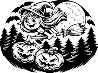 SVG capturing a slow lifestyle with Halloween horror vibes. Cute Witch Flying on Broomstick with Pumpkins and Moon Background