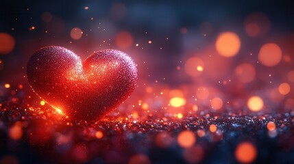 Bright red and pink heart shines in a vibrant abstract background filled with shimmering lights and sparkles