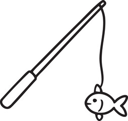 Simple Line Art Illustration of a Fishing Rod with a Cute Fish on the Hook black