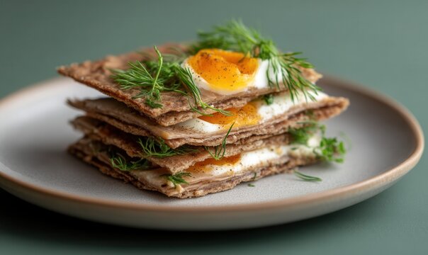 Buttery flatkaka with smoked lamb and Icelandic butter served on a grey plate perfect for morning meals in the fjords