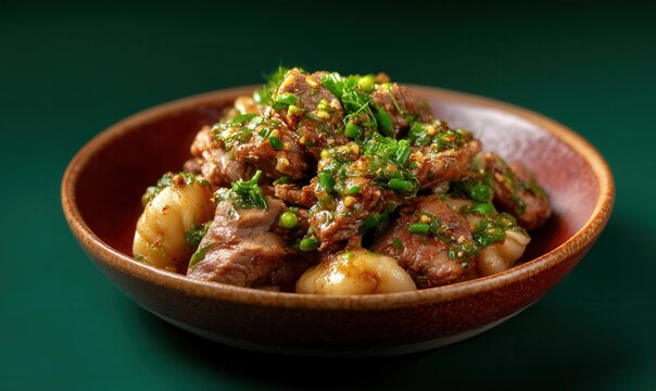Flaky khinkal with garlic sauce and lamb served on a rust plate against a sage green background