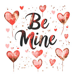 "Be Mine" calligraphy with sparkles and heart doodles, transparent PNG.
