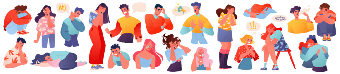 Set of emotional states of people, crisis, negative shocks, depression, sadness, keeping boundaries, ability to say "no", expressing anger. Vector female and male in different poses, body language.