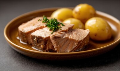 Delicious surstr&ouml;mming fillets with boiled potatoes served on ochre plate against a soft charcoal background