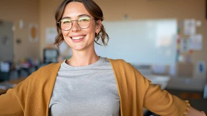 Enthusiastic Teacher Welcoming Students: A smiling teacher stands with open arms in a bright classroom, ready to greet her students with warmth and enthusiasm.