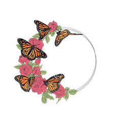 Hand drawn orange monarch butterfly and rose flowers round frame. Beautiful tropical insect greeting card design. Vector illustration on white background