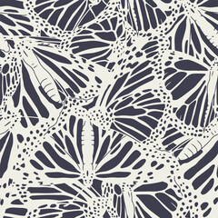 Vintage seamless pattern with hand drawn monochrome black and white monarch butterflies. Repeat all over wallpaper of beautiful tropical insect