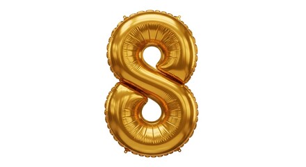 A golden balloon in the shape of the number eight, floating against white.