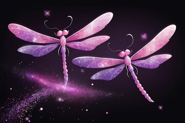 Fototapeta premium Two Sparkling Dragonflies in Flight, Purple Pink Glitter Wings, Dark Background