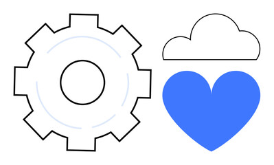 Gear symbol, cloud outline, and blue heart emphasize innovation, cloud-based systems, and emotional connections. Ideal for technology, teamwork, cloud computing, collaboration integration wellness