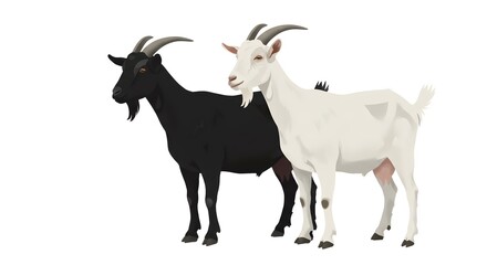 Black and White Goats Standing. A pair of domestic farm animals with horns, isolated on a clean white background.