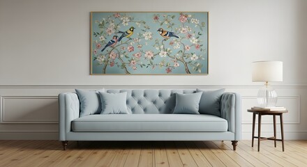 Elegant light blue sofa with a framed Asian-inspired bird and blossom artwork above it in a minimalist room.
