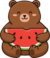 Fototapeta premium A cute brown bear is happily eating a slice of watermelon. The bear has a cheerful expression, evoking a summer vibe.