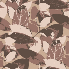 Seamless pattern with brown autumn leaves on black background. Cottagecore foliage wallpaper. Boho botanical texture. Ecological and natural design.
