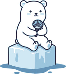 Fototapeta premium A cute illustration of a polar bear cooling off with a fan while sitting on an ice block