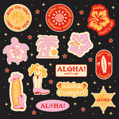Set of Cowgirl Stickers. Vector Design Elements. Collection of Hawaii. Aloha, Surf, Y2K.