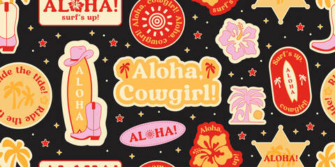 Cowgirl Stickers Seamless Pattern Background. Vector Design Elements. Wild West, Western Themed, Y2K.