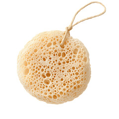 Natural loofah sponge with string loop, isolated on transparent background.