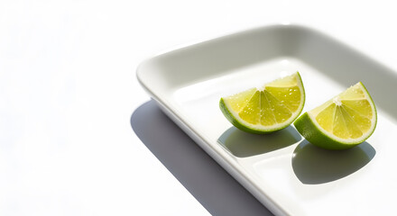 Two Lime Wedges on White Plate in Bright Sunlight