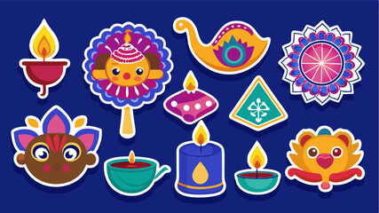 Festive Diwali Stickers A Colorful Collection of Traditional Designs on a Dark Blue Background collection