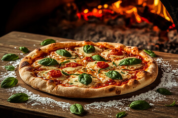 A perfectly baked Margherita pizza rests on a wooden board adorned with fresh basil leaves and cherry tomatoes with a warm glow of a wood-fired oven in the background