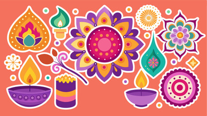 Colorful Diwali Celebration Illustration with Floral Designs and Lit Candles on a Peach Background vibrant