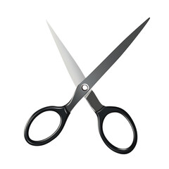 Pair of scissors with plastic handle, open and angled, isolated on transparent background.