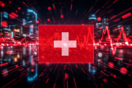The Swiss flag is prominently displayed against a blurred futuristic cityscape Red financial graphs and light streaks create a dynamic data-driven atmosphere