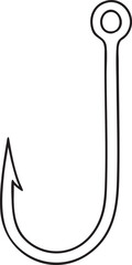 Simple Black and White Outline Drawing of a Fishing Hook with Sharp Point and Eyelet minimalist