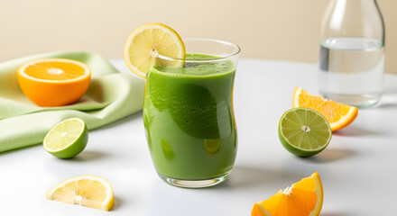 Vibrant Green Smoothie with Citrus Garnish and Fresh Fruit Arrangement