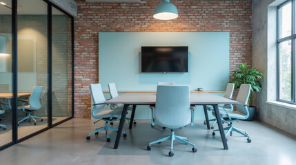 Modern conference room with large table, comfortable chairs, and brick wall. space is well lit and features television for presentations